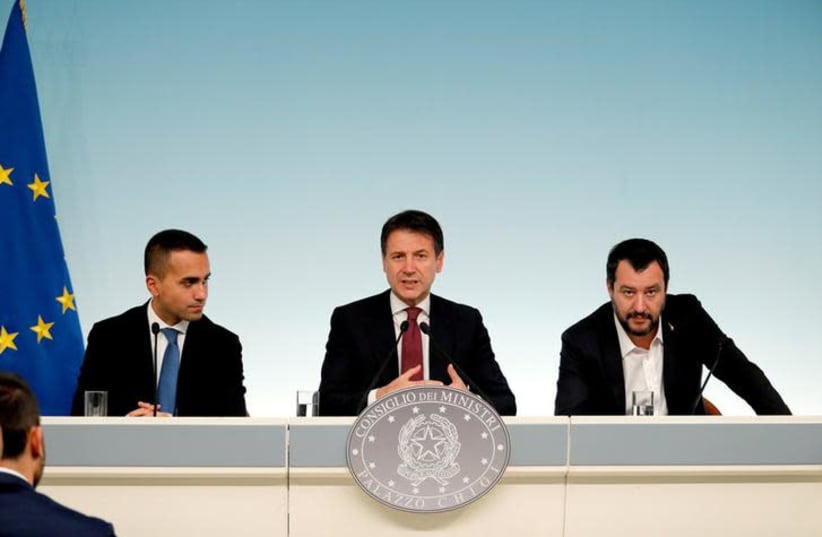 Italy's Minister of Labor and Industry Luigi Di Maio, Prime Minister Giuseppe Conte and Interior Minister Matteo Salvini (photo credit: REUTERS/REMO CASILLI)