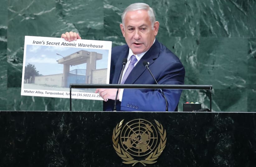 PRIME MINISTER Benjamin Netanyahu addresses the UN General Assembly in New York last year (photo credit: CARLO ALLEGRI/REUTERS)