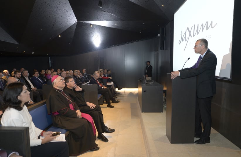 Minister of Tourism Yariv Levin speaking at the opening of the Saxum Visitor Center, 2019. (photo credit: THE SAXUM VISITOR CENTER)