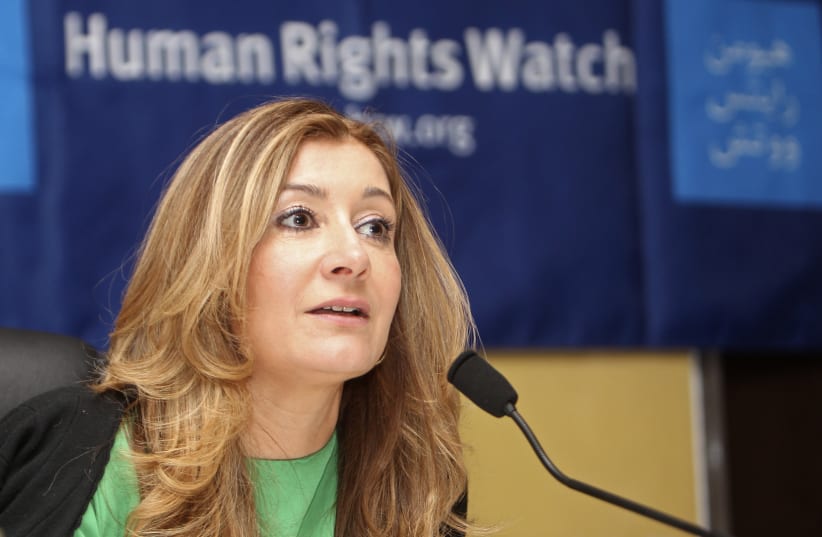 Human Rights Watch (HRW) Middle East director Sarah Leah Whitson, talks during a news conference in Doha June 12, 2012. (photo credit: STRINGER/ REUTERS)