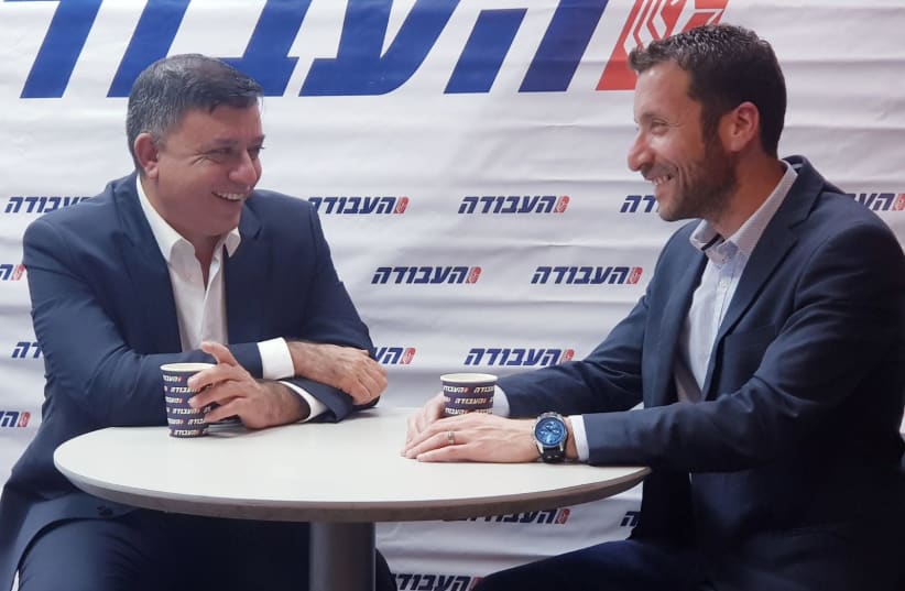 Labor leader Avi Gabbay and his new number two Itzik Shmuly have coffee Tuesday at Labor's Tel Aviv headquarters (photo credit: ITZIK ALROV)