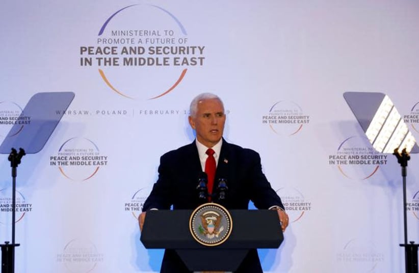 U.S. Vice President Mike Pence delivers a speech during the Middle East summit in Warsaw, Poland, February 14, 2019 (photo credit: KACPER PEMPEL/REUTERS)
