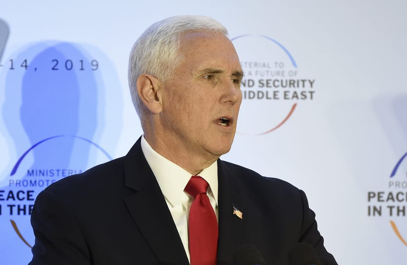 US Vice President Mike Pence gives a speech during the conference on peace and security in the Middle East in Warsaw, on February 14, 2019 (photo credit: JANEK SKARZYNSKI / AFP)