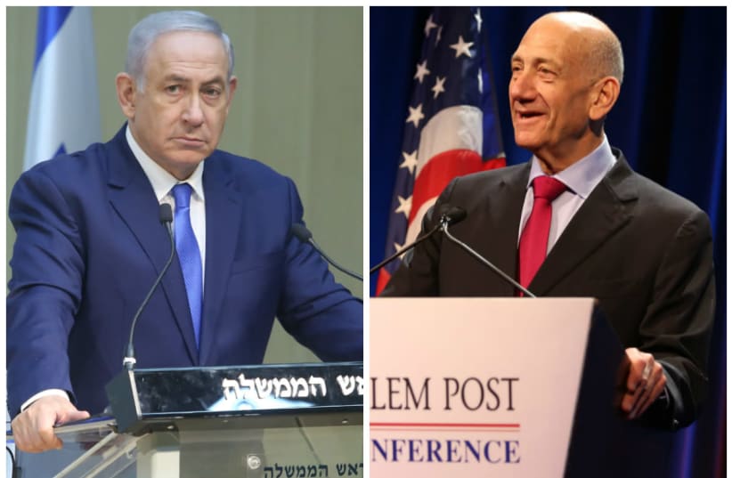 Prime Minister Benjmain Netanyahu (L) and Ehud Olmert (R) (photo credit: MARC ISRAEL SELLEM/THE JERUSALEM POST)