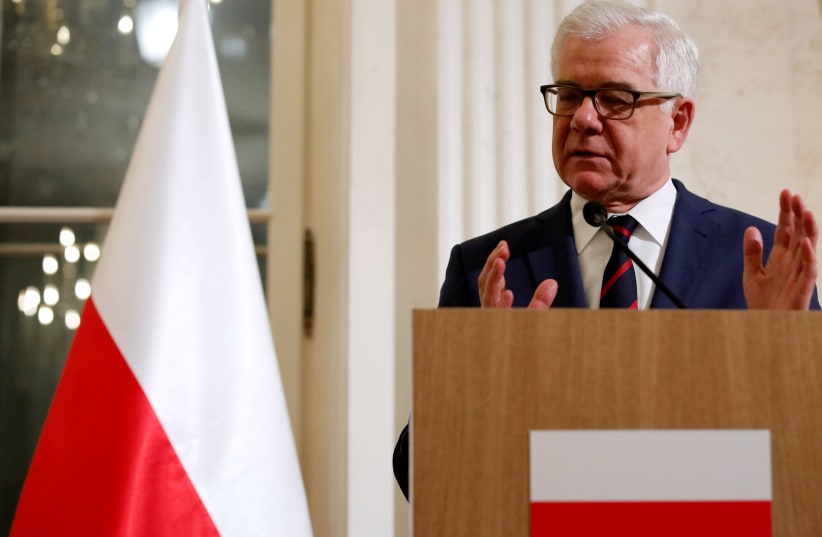 Polish Foreign Minister Jacek Czaputowicz speaks at a news conference at Lazienki Palace during U.S. Secretary of State Mike Pompeo's visit in Warsaw, Poland February 12, 2019. (photo credit: KACPER PEMPEL/REUTERS)
