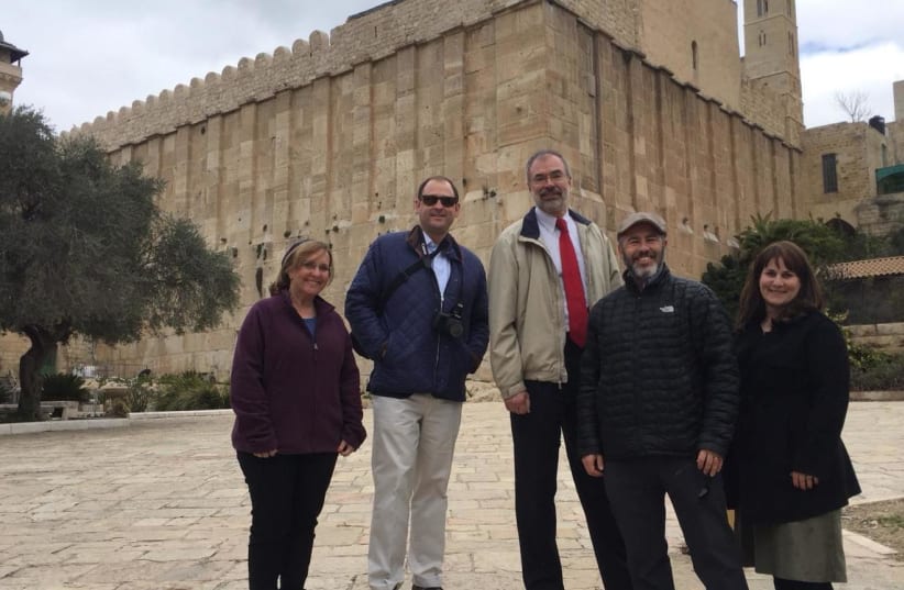 US Representatives Andy Harris (R-MD), Andy Barr (R-KY) visit the Cave of the Matriarchs and Patriarchs in Hebron February 18, 2019 (photo credit: AVI ABELOW)