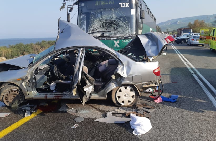The aftermath of a serious accident between an Egged bus and a private vehicle on Route 92 in northern Israel on Sunday morning (photo credit: ISRAEL POLICE)
