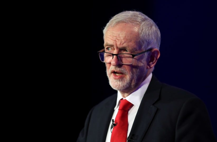 Jeremy Corbyn, leader of the Labour Party, gives a speech at the EEF National Manufacturing conference, in London, Britain, February 19, 2019 (photo credit: HANNAH MCKAY/ REUTERS)