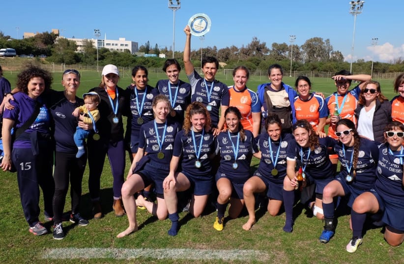 The Tel Aviv Amazons women’s 7s rugby team after their national championship win, February 2019 (photo credit: Courtesy)