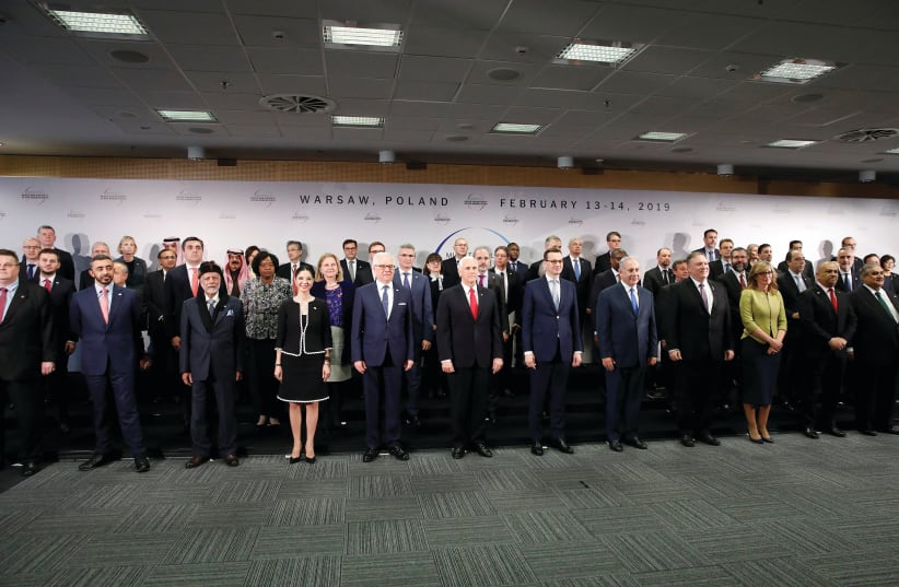 PARTICIPANTS POSE for a photo during the  Middle East summit in Warsaw earlier this month. (photo credit: REUTERS)