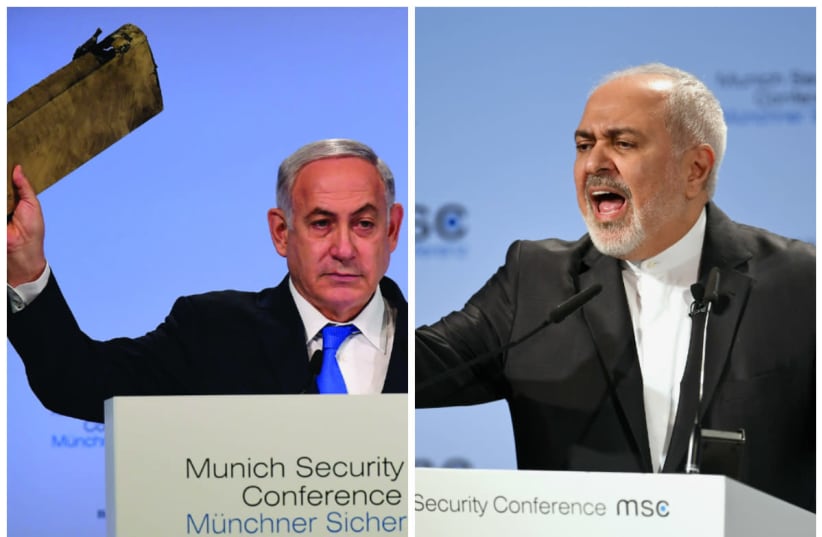Prime Minister Benjamin Netanyahu (L) holds a piece of a downed Iranian drone at the 2018 Munich Security Conference; Mohammed Zarif (R) speaks at the 2019 conference (photo credit: AMOS BEN GERSHOM/GPO & REUTERS/ANDREAS GEBERT)