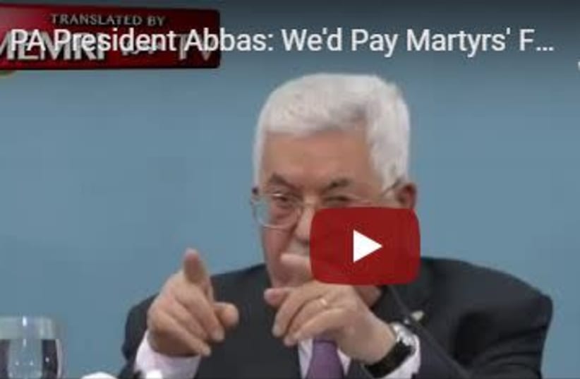 Mahmoud Abbas admits the PA pays terrorists. (photo credit: screenshot)