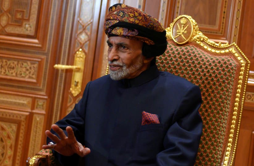 Sultan of Oman Qaboos bin Said al-Said sits during a meeting with U.S. Secretary of State Mike Pompeo (not pictured) at the Beit Al Baraka Royal Palace in Muscat, Oman January 14, 2019 (photo credit: REUTERS)