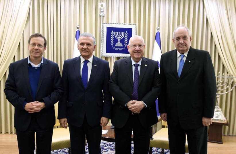 Jewish Agency Chairman Isaac Herzog , Photis Photiu of Cyprus, President Reuven Rivlin and Greek Deputy Foreign Minister Terens  Nicolaos Quick.  (photo credit: Mark Neiman/GPO)