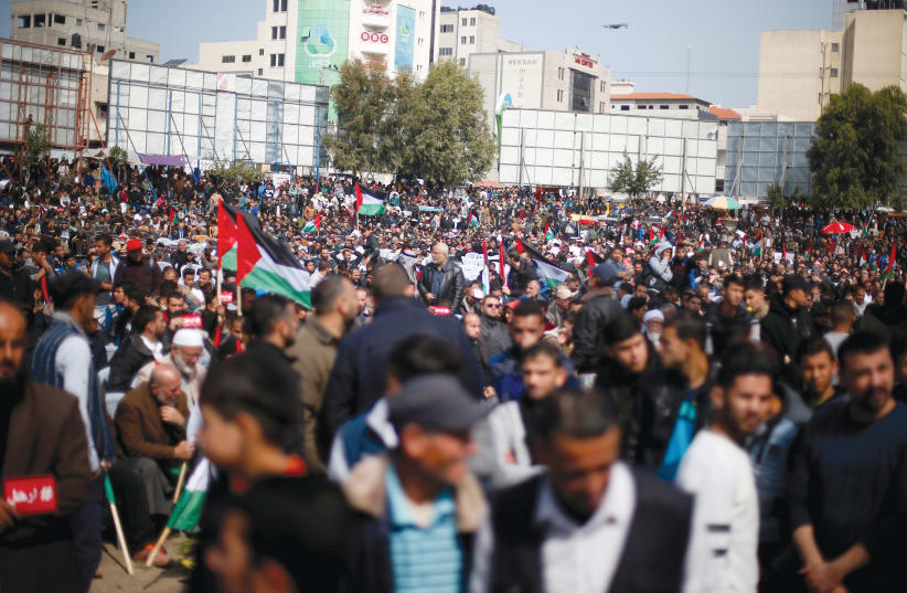 PALESTINIANS PROTEST in Gaza City.  (photo credit: REUTERS)