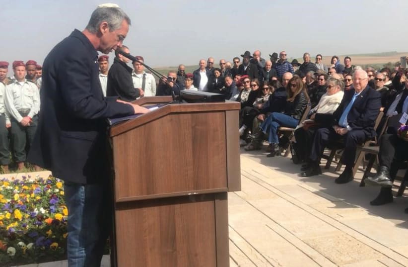 Gilad Sharon speaks at the memorial service for Ariel and Lily Sharon. (photo credit: LIOR GOLDSTEIN)