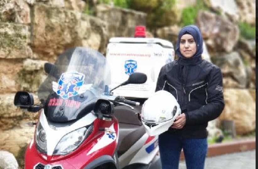 Sanaa Mahameed, first  Muslim woman to ride a medical motorcycle   (photo credit: MAAYAN JAFFE-HOFFMAN)