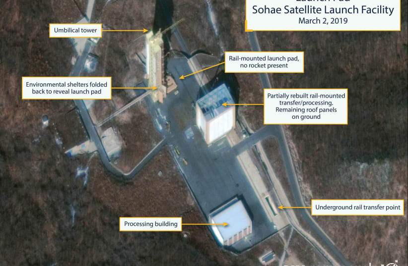 The Sohae Satellite Launching Station launch pad features what researchers of Beyond Parallel, a CSIS project, describe as showing the partially rebuilt rail-mounted rocket transfer structure in a commercial satellite image taken over Tongchang-ri, North Korea on March 2, 2019 and released March 5,  (photo credit: CSIS/BEYOND PARALLEL/DIGITALGLOBE 2019 VIA REUTER)