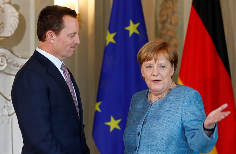 German Chancellor Angela Merkel receives the ambassador of U.S. to Germany, Richard Grenell, in Meseberg, Germany July 6, 2018 (photo credit: AXEL SCHMIDT/REUTERS)