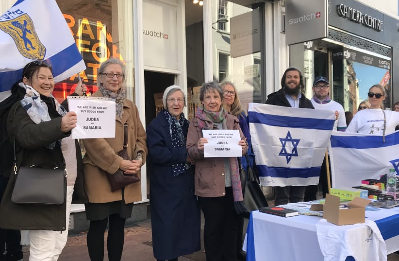Israel Action Day in Ireland. Israeli lawyer Nati Rom, (holding flag) director of Lev Haolam joined the demonstration in Dublin, February 17, 2019 (photo credit: Courtesy)