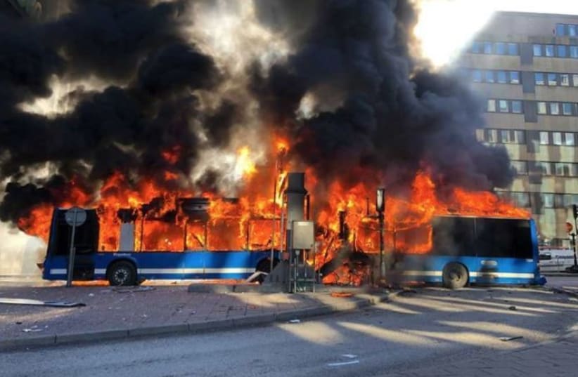 The bus that exploded in Stockholm (photo credit: screenshot)