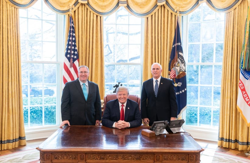 Joel C. Rosenberg, US President Donald J. Trump and US Vice President Michael R. Pence (photo credit: Courtesy)