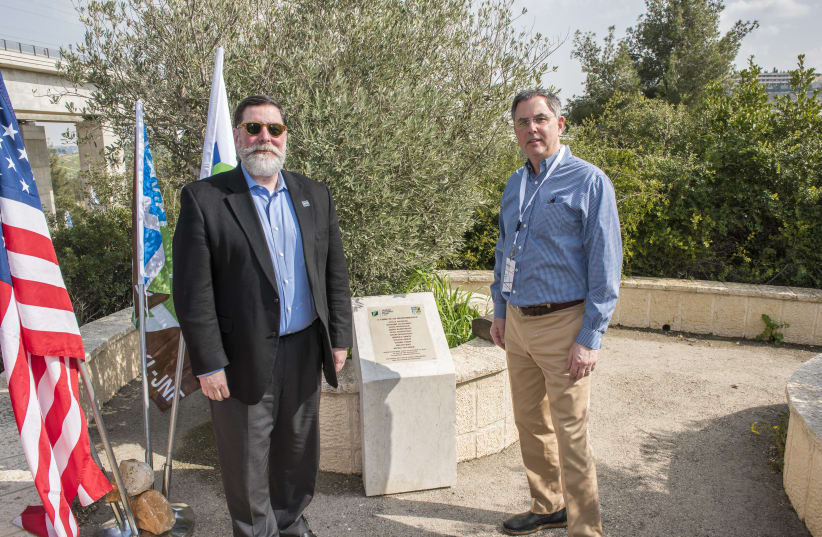 L-R: Pittsburgh Mayor Bill Peduto and Mayoral Advisor Steve Erwin at the Tree of Life Synagogue memorial on Mount Arazim. (photo credit: DENNIS ZINN/KKL-JNF)