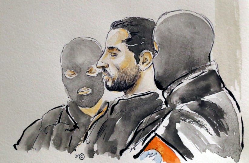 A court artist drawing shows Mehdi Nemmouche during the trial of Nemmouche and Nacer Bendrer, who are suspected of killing four people in a shooting at Brussels' Jewish Museum in 2014, at Brussels' Palace of Justice, Belgium March 7, 2019 (photo credit: REUTERS)
