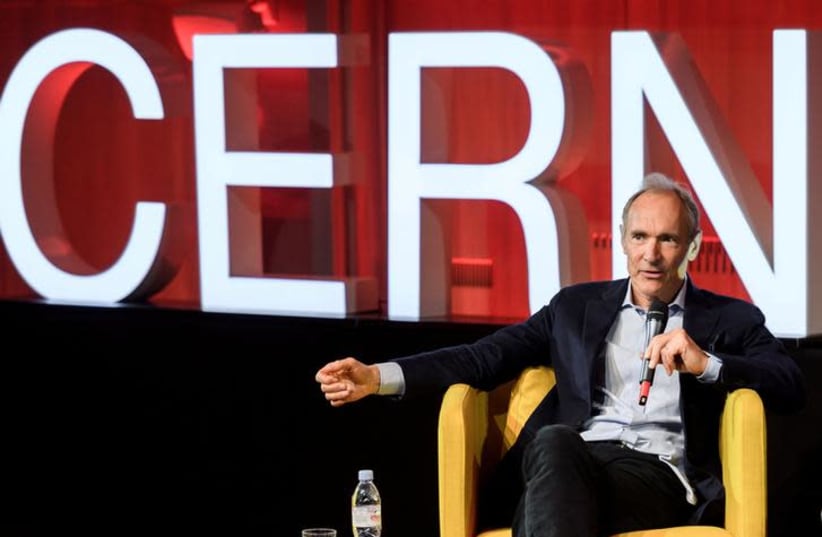 World Wide Web inventor Tim Berners-Lee delivers a speech during an event marking 30 years of World Wide Web, on March 12, 2019 at the CERN in Meyrin near Geneva, Switzerland (photo credit: REUTERS/POOL)