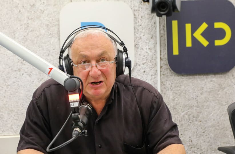 Aryeh Golan in his radio studio at Kan Israeli Public Broadcasting Corporation; ‘I call this being in the cockpit’ (photo credit: RAFI DELUYA)