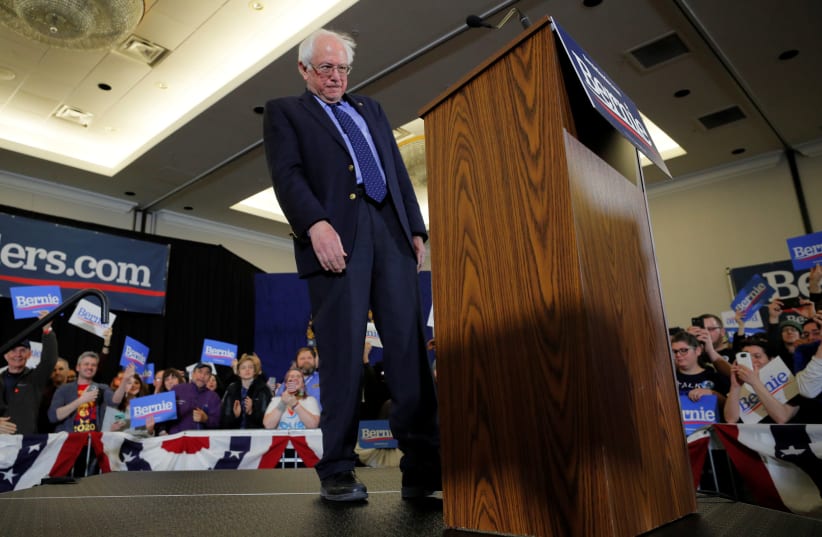Democratic 2020 U.S. presidential candidate and U.S. Senator Bernie Sanders (I-VT) takes the stage at a campaign rally in Concord, New Hampshire, U.S., March 10, 2019. (photo credit: BRIAN SNYDER / REUTERS)