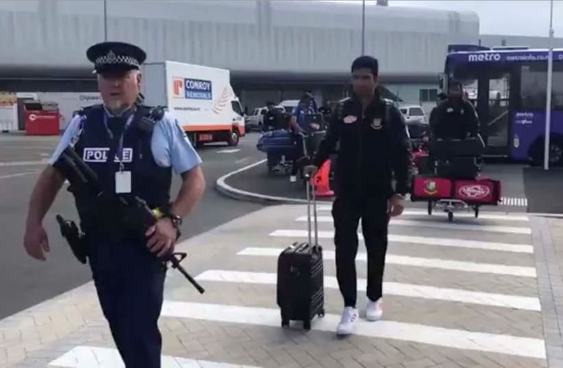 Members of the Bangladesh cricket team arrive to depart for Bangladesh from Christchurch International Airport in New Zealand March 16, 2019, in this still image from video obtained from social media (photo credit: BANGLADESH CRICKET BOARD/VIA REUTERS)
