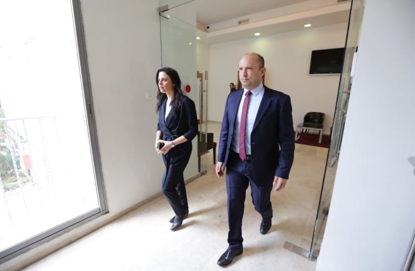 New Right co-leaders Naftali Bennett (R) and Ayelet Shaked (L) enter a press conference in Tel Aviv, March 17th, 2019 (photo credit: MOR ALONI/MAARIV)