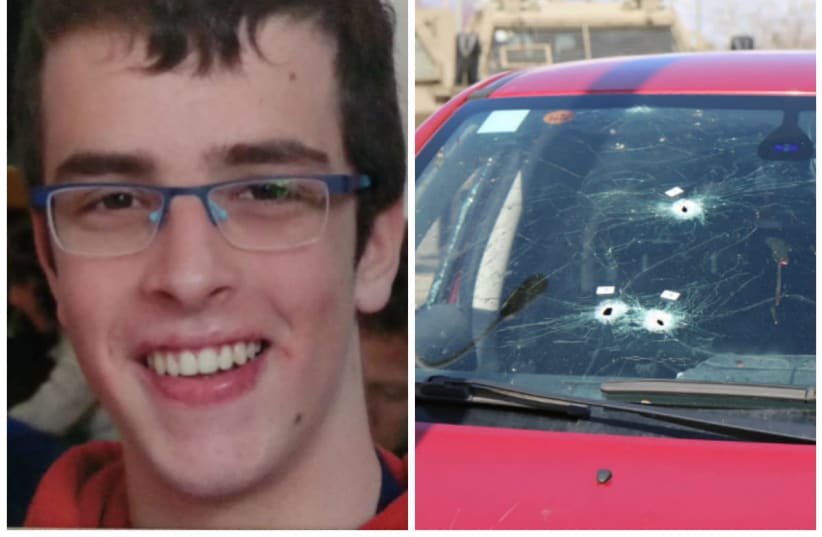 Staff Sergeant Gal Kaidan and an Israeli vehicle that was hit by the terrorist's shooting (photo credit: IDF SPOKESPERSON'S UNIT/EITAN SHWEIBER/TPS)