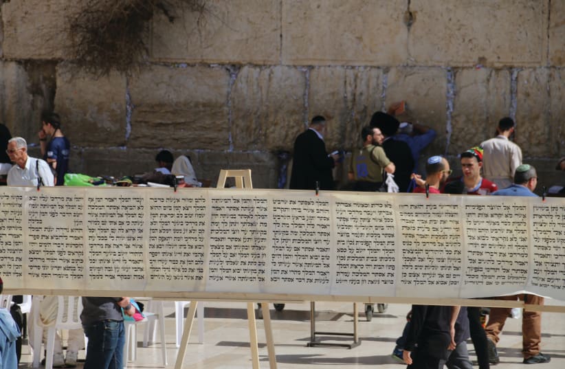 A megillah at the Western Wall (photo credit: WESTERN WALL HERITAGE FOUNDATION)