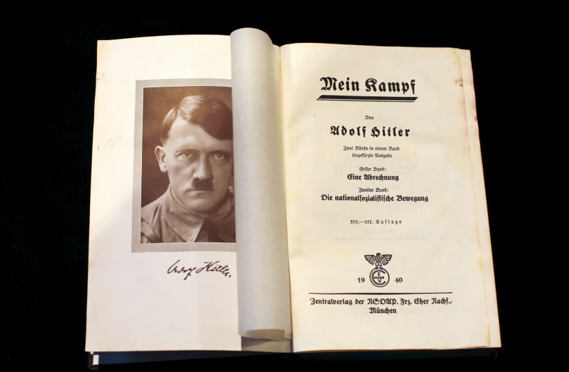 A copy of Adolf Hitler's book "Mein Kampf" (My Struggle) from 1940 is pictured in Berlin, Germany, in this picture taken December 16, 2015 (photo credit: REUTERS/FABRIZIO BENSCH)