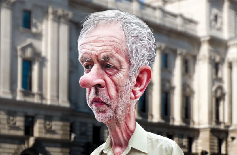 A CARICATURE of Labour Party leader Jeremy Corbyn. (photo credit: DONKEYHOTEY/FLICKR; CARICATURE ADAPTED FROM GARRY KNIGHT/FLICKR; BACKGROUND ADAPTED FROM LUTEFISK73/)