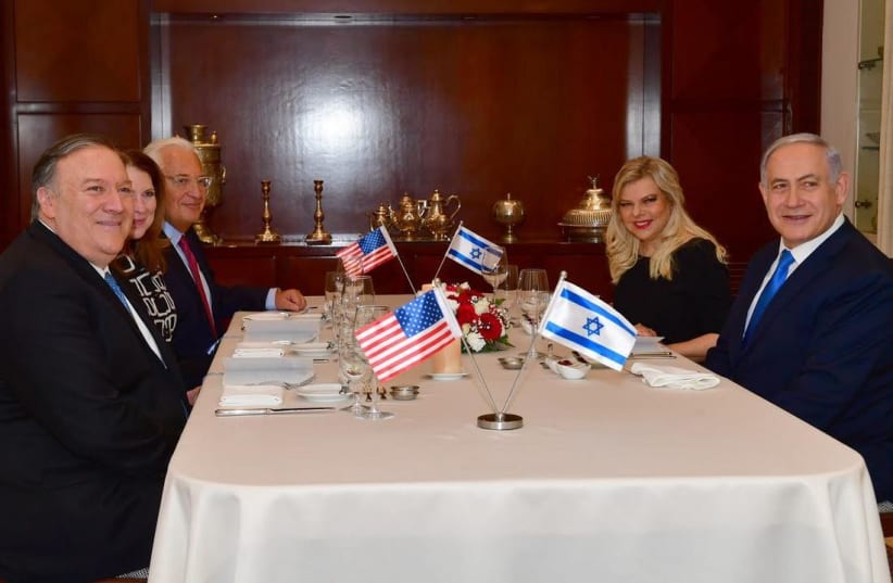 US Secretery of State Mike Pompeo and his wife Suzan [L] sitting next to US Ambassador in Israel David Friedman meeting Prime Minister Benjamin Netanyahu [R] and his wife Sara.  (photo credit: KOBI GIDEON/GPO)
