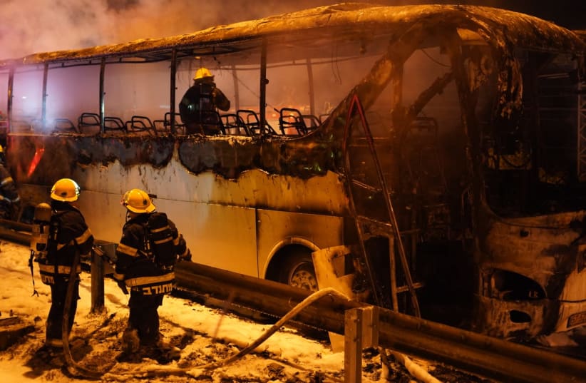 An Israeli bus burst into flames and was totally destroyed on Route 55 at the Jit junction in the Samaria region on March 24, 2019 (photo credit: HILEL MEIR/TPS)