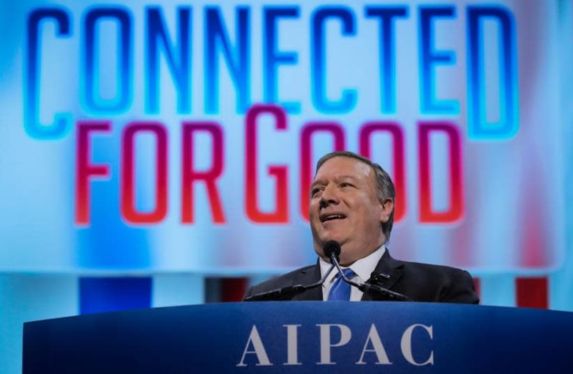 US Secretary of State Mike Pompeo speaks at the American Israel Public Affairs Committee (AIPAC) policy conference in Washington DC, March 25, 2019 (photo credit: BRENDAN MCDERMID/REUTERS)