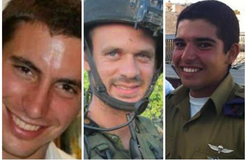 IDF soldiers Hadar Goldin, Benaya Sarel and Liel Gidoni died fighting Hamas terrorists in 2014 (photo credit: IDF SPOKESMAN'S OFFICE)