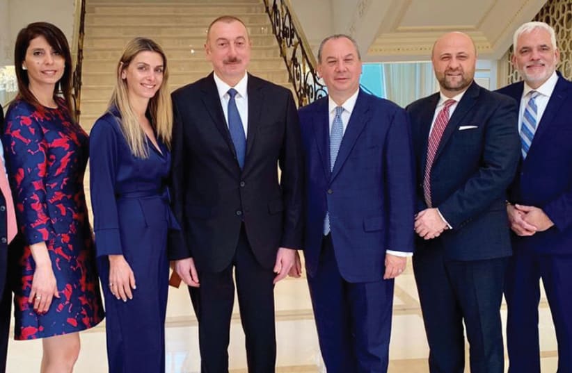 Rabbi Schneier (sixth from left) and his delegation meet with Azerbaijan’s President Ilham Aliyev in early March (photo credit: Courtesy)