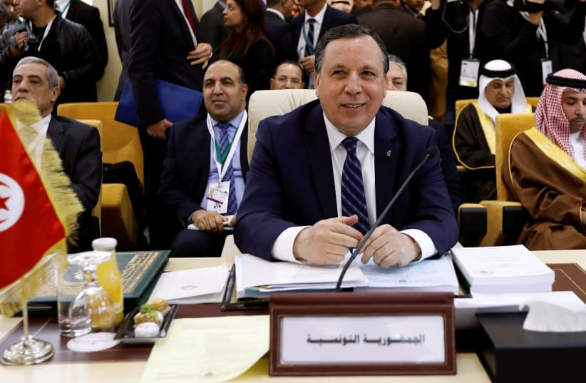 Tunisia's Foreign Affairs Minister Khemaies Jhinaoui attends a preparatory meeting between Arab foreign ministers ahead of the Arab summit in Tunis, Tunisia March 29, 2019. (photo credit: ZOUBEIR SOUISSI / REUTERS)