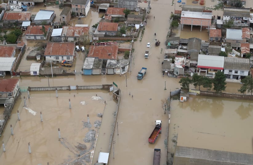 An aerial view of flooding in Golestan province, Iran March 27, 2019 (photo credit: IRANIAN PRESIDENCY WEBSITE/HANDOUT VIA REUTERS)
