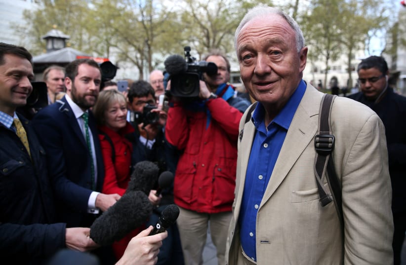 Former London mayor Ken Livingstone speaks to the media after appearing on the LBC radio station in London, Britain, April 30, 2016 (photo credit: NEIL HALL/REUTERS)