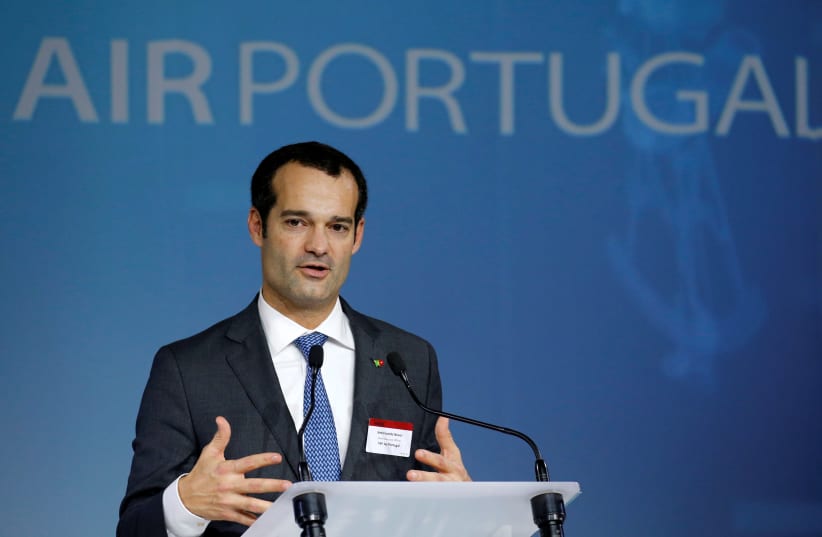 Antonoaldo Neves, TAP Air Portugal Chief Executive Officer, delivers a speech during the delivery of the first A330neo commercial passenger aircraft for TAP Air Portugal airline at the Airbus delivery center in Colomiers near Toulouse, France, November 26, 2018. (photo credit: REGIS DUVIGNAU/REUTERS)