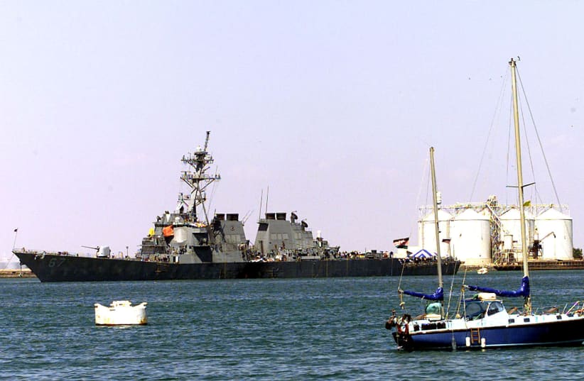 THE U.S NAVY WARSHIP, COLE, FLOATS IN THE IN THE PORT OF ADEN. (photo credit: ALADIN ABDEL NABY)