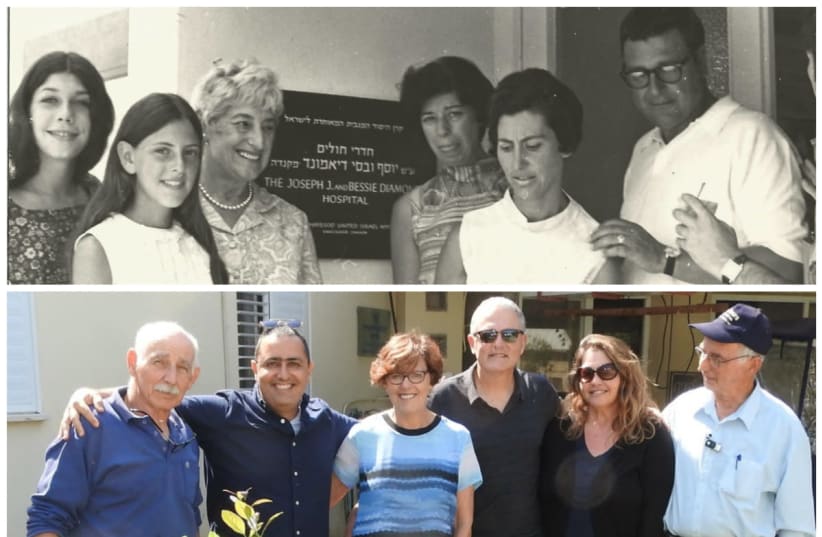 Fredi Diamond as a 12-year-old visiting Kibbutz Ein Gev with her grandmother in 1969 (above) and in 2019 with her husband (below) in front of the clinic her grandmother funded (photo credit: ARIEL TZUR)