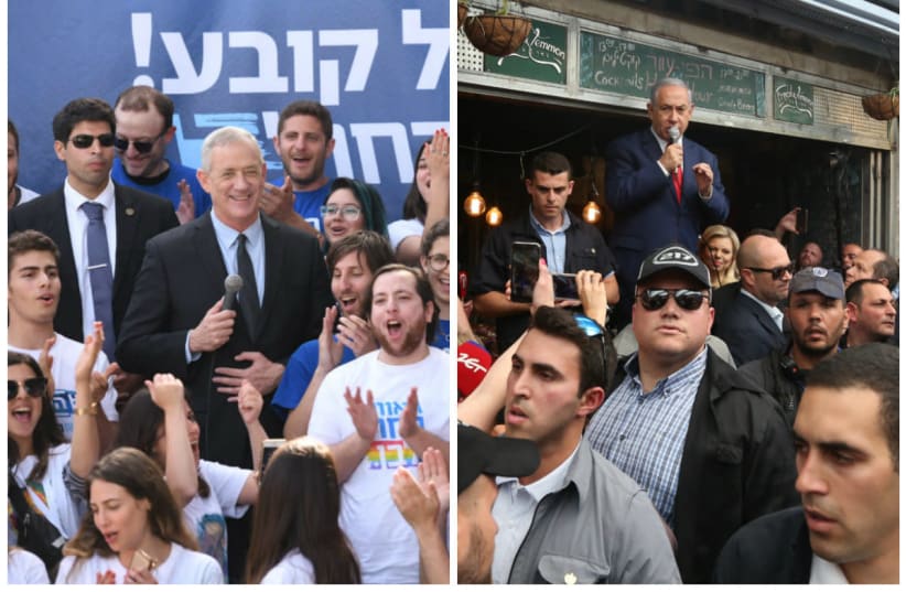 Benny Gantz and Benjamin Netanyahu rally their voters a day before elections 2019.  (photo credit: SRAYA DIAMANT / MARC ISRAEL SELLEM)