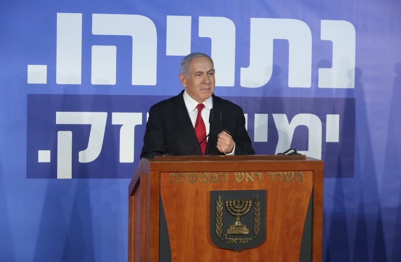 Benjamin Netanyahu during a speech, February 28th, 2019 (photo credit: MARC ISRAEL SELLEM/THE JERUSALEM POST)